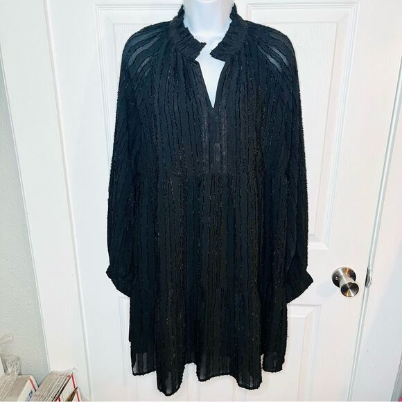 Ellison Black Textured Stripe Tiered Mini Dress Long Sleeves L - Picture 3 of 10